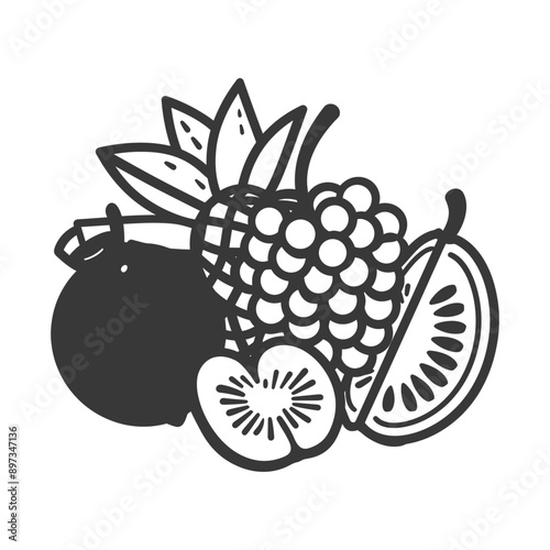 Black and White Illustration of a Group of Fruits