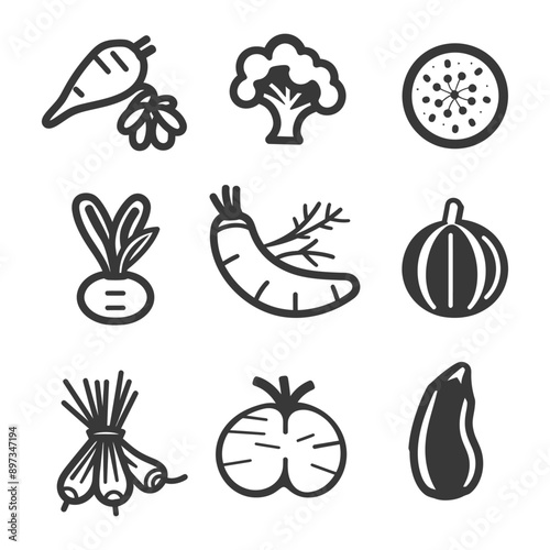 Nine Black and White Vegetable Icons