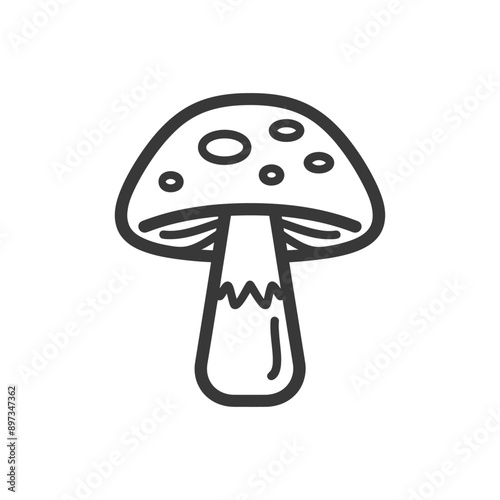 A black and white line drawing of a mushroom with a cap and stem