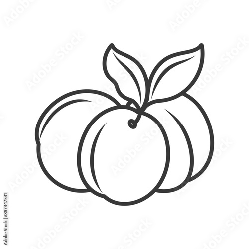 Line Art Illustration of Three Peaches with Leaves