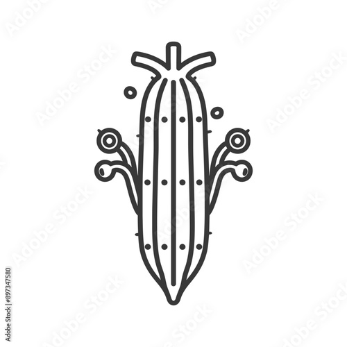 Line drawing of a spiky segmented plant with three bulbous appendages