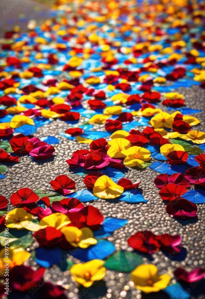 Obraz premium vibrant petals scatter across pavement kaleidoscope colors creating beautiful natural mosaic, rainbow, lgbtq, lgbt, pride, colorful, love, equality