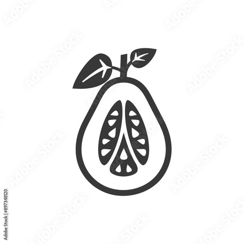Line drawing of a halved guava fruit with seeds
