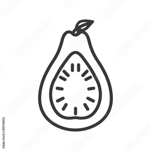 Line drawing of a halved guava with a leaf on top