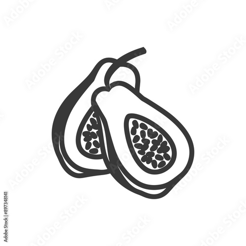 Line drawing of two halves of a papaya fruit