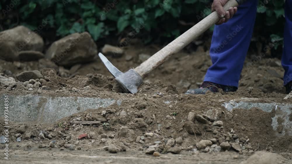 Worker using chisel and hammer to dig in construction site. Construction worker in action, using a chisel and hammer for digging and breaking the ground at a construction site surrounded by greenery.