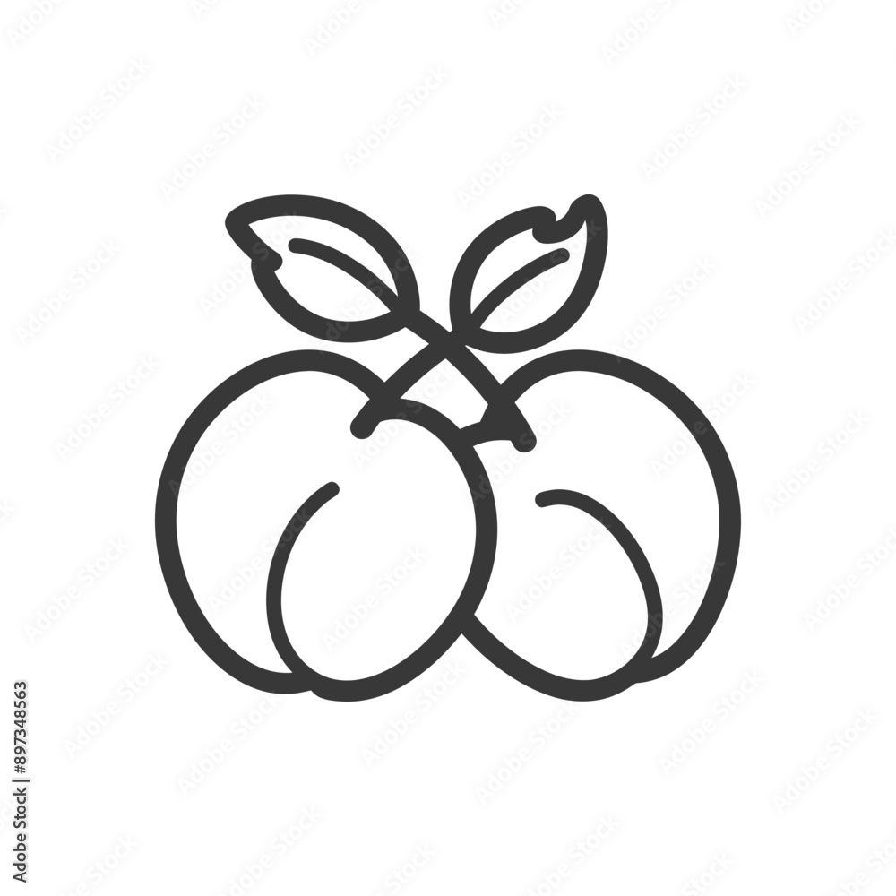 Line Art Illustration of Two Peaches with Leaves Line Art Illustration of Two Peaches with Leaves