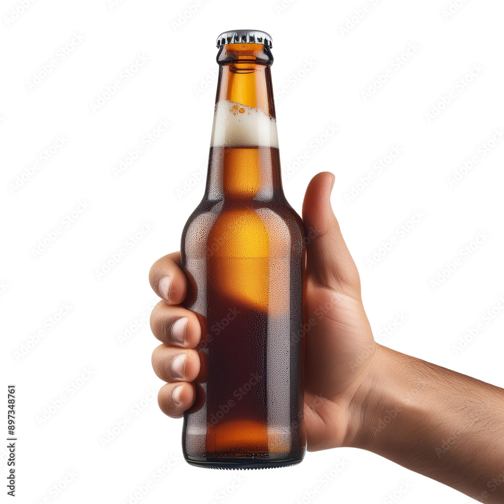 A refreshing amber beer bottle held in hand, showcasing its frothy top and inviting features, perfect for enjoying any occasion. A refreshing amber beer bottle held in hand, showcasing its frothy top and inviting features, perfect for enjoying any occasion.