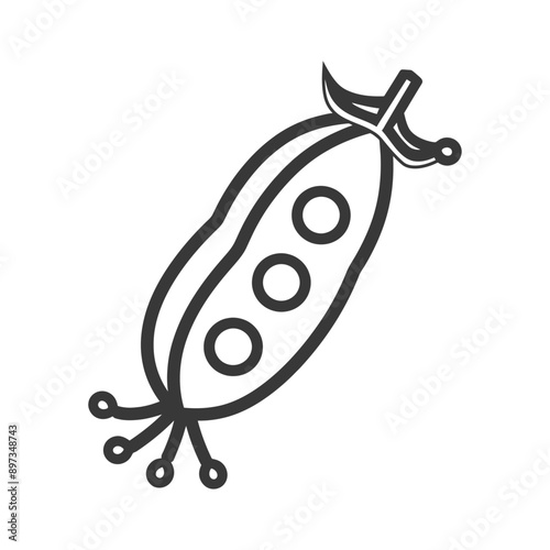 Black and White Line Drawing of a Pea Pod with Three Peas
