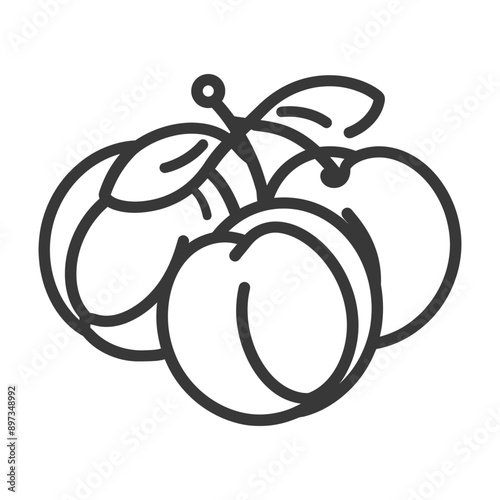 Line Drawing of Three Plums with a Stem and Leaf