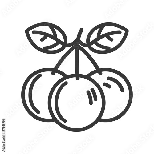 Line drawing of three cherries with stems and leaves