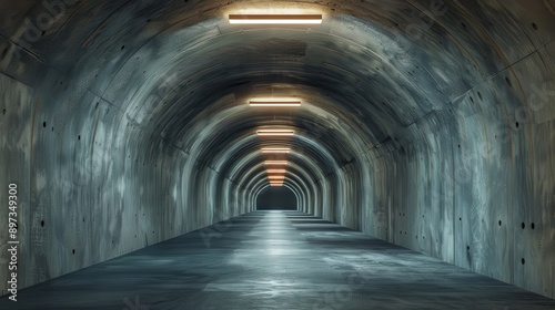 A long, dimly lit concrete tunnel with arching walls and lights creating a mysterious atmosphere. © Vee