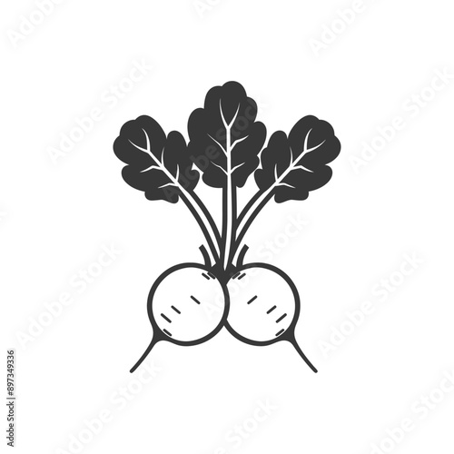 A black and white illustration of two radishes with leaves