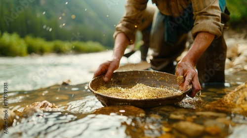 Traditional gold panning in a river with miners carefully sifting sediment for valuable nuggets