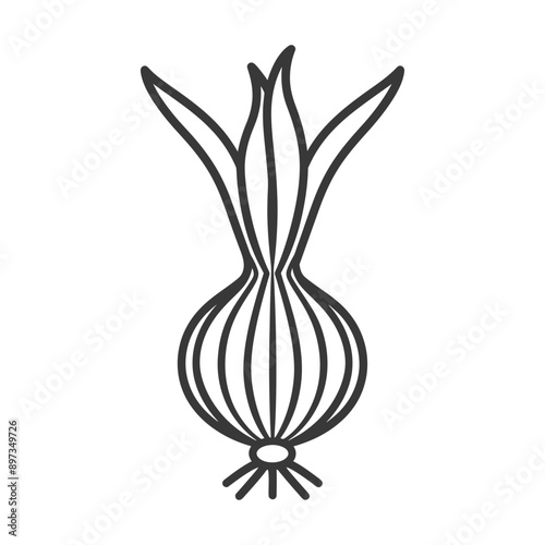 Line Drawing of a Whole Onion with Green Sprouts