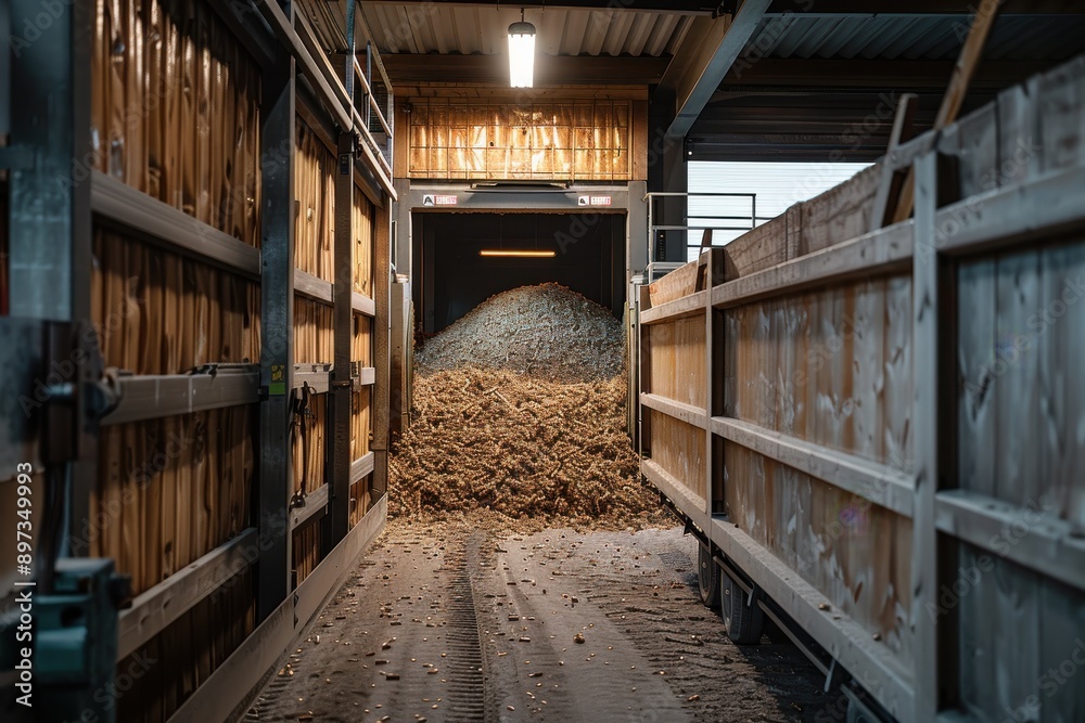 A large quantity of woodchips is seen being moved on a conveyor belt within an industrial processing facility, showcasing a step in the process of producing wood products. A large quantity of woodchips is seen being moved on a conveyor belt within an industrial processing facility, showcasing a step in the process of producing wood products.