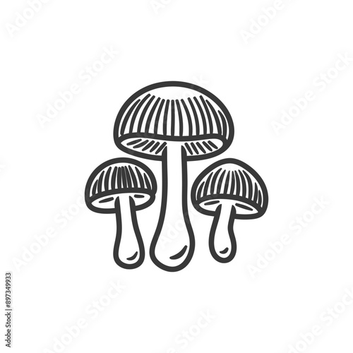 Hand drawn sketch of three mushrooms with striped caps
