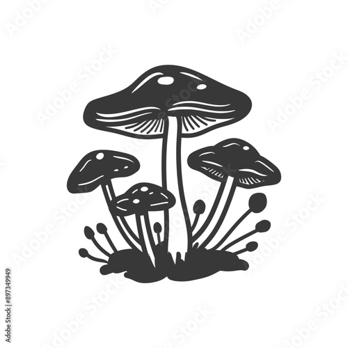 Black and White Illustration of Four Mushrooms