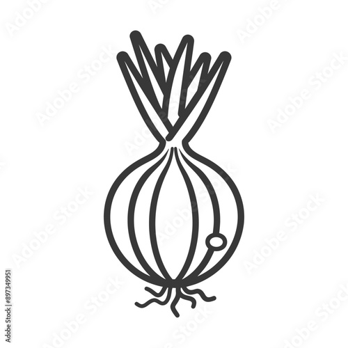Line drawing of an onion with roots and green shoots
