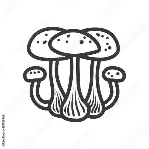 A Black and White Line Drawing of Five Mushrooms