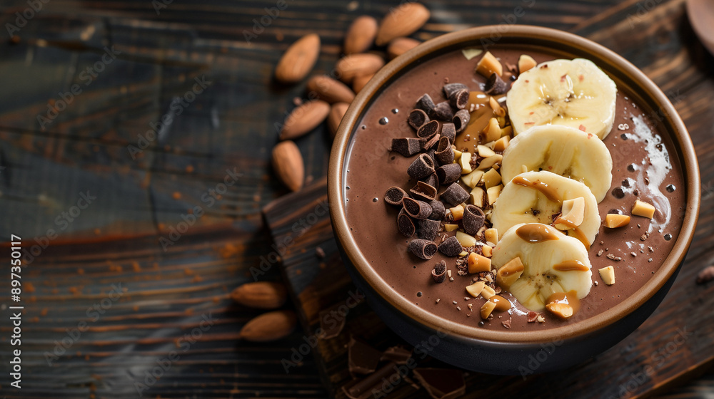 Fototapeta premium Fruit and chocolate smoothie in a deep bowl decorated with chocolate drops, banana, and crushed almonds with cocoa