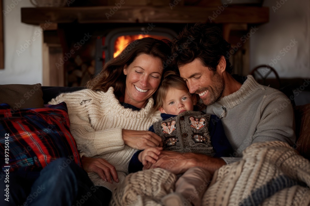 A delighted family with their child enjoys a warm moment near a cozy fireplace, illustrating happiness, love, and a sense of security in a warmly lit room. A delighted family with their child enjoys a warm moment near a cozy fireplace, illustrating happiness, love, and a sense of security in a warmly lit room.