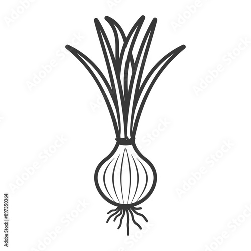 A simple black and white line drawing of an onion with leaves and roots