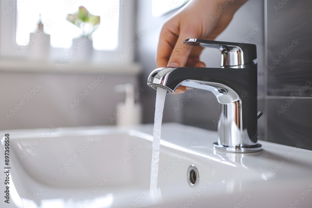 Water Flowing From Faucet in Bathroom Water Flowing From Faucet in Bathroom