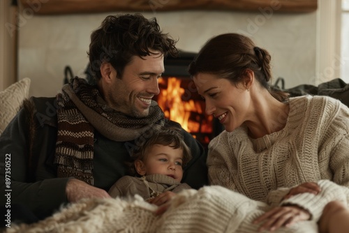 A heartwarming depiction of parents bonding with their child by a glowing fireplace, all wrapped in warm knitted garments, capturing a moment of familial love and joy during winter.