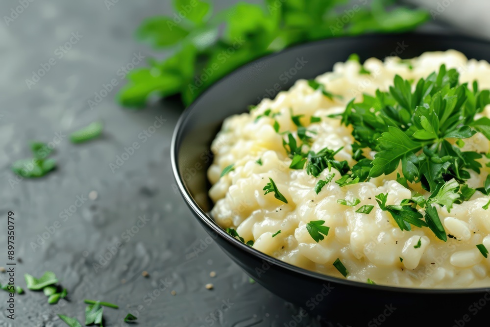 Risotto Explosion captivates with its creamy texture and explosion of rich, savory flavors from perfectly cooked arborio rice, banner, with copy space Risotto Explosion captivates with its creamy texture and explosion of rich, savory flavors from perfectly cooked arborio rice, banner, with copy space