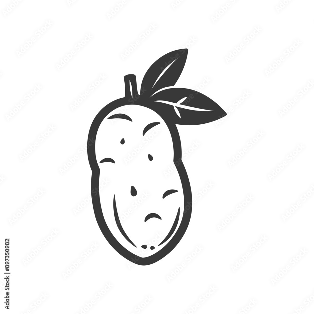 Obraz premium Black and White Illustration of a Single Mango with a Leaf