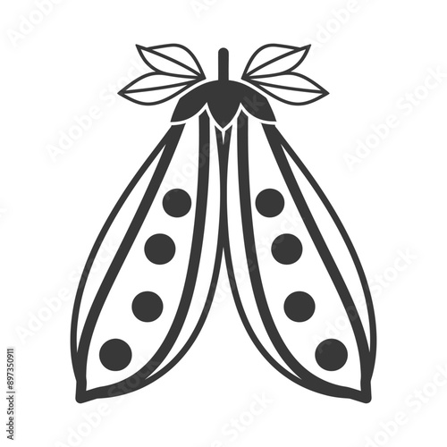 Black and white silhouette of an open pea pod
