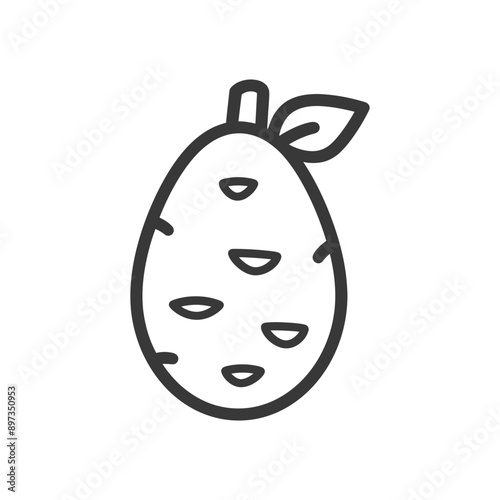 Line Drawing of a Single Round Green Ripe Avocado with a Leaf