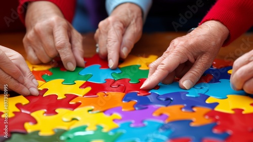 Team assembling puzzle pieces symbolizing various facets of business vision and goals merging