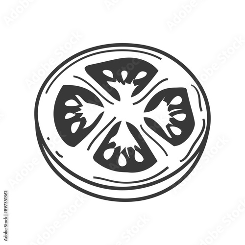 Hand drawn black and white illustration of a tomato slice
