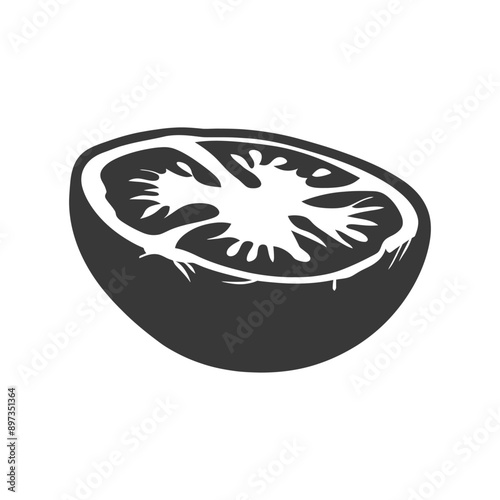 Black and white silhouette of a halved tomato