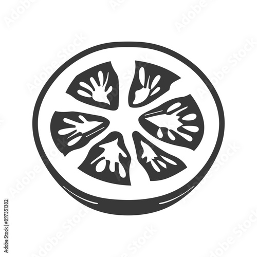 A black and white illustration of a cross section of a tomato