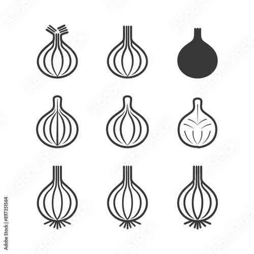 Set of nine black and white onion illustrations