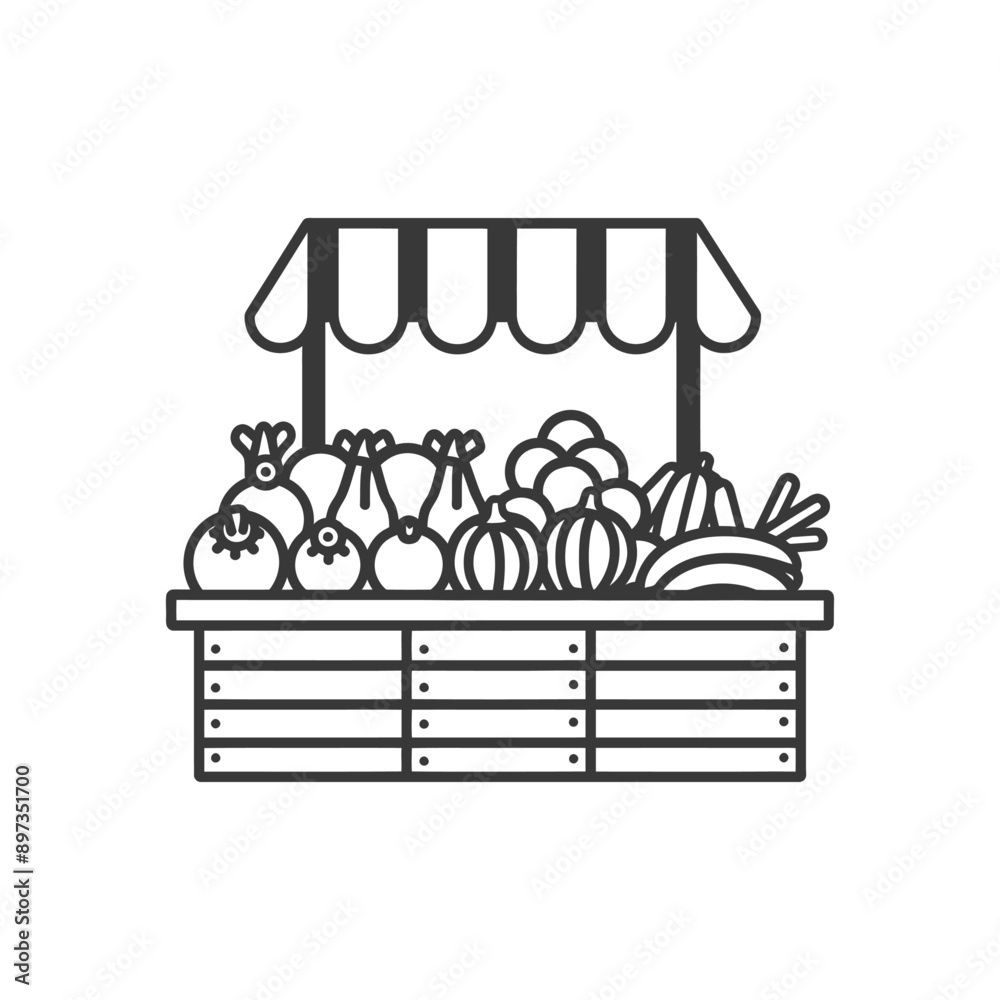 Obraz premium Black and White Line Drawing of a Fruit Stand with Produce