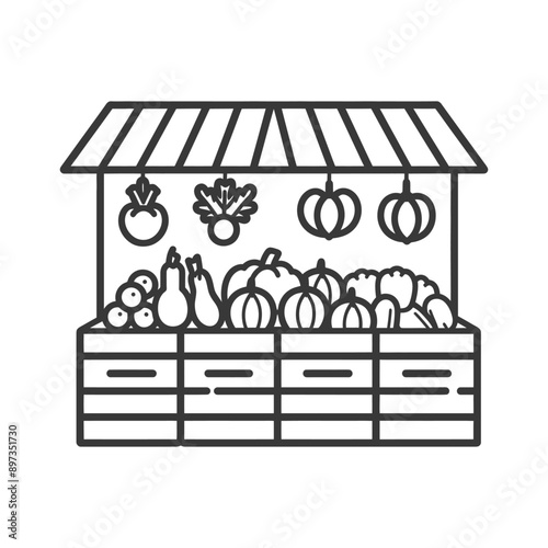 Line drawing of a fruit and vegetable stand with a striped awning