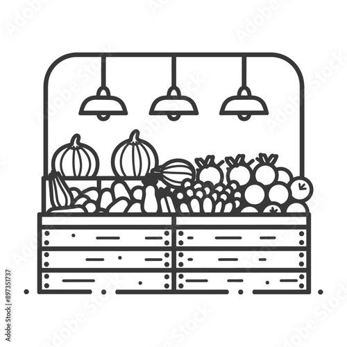 Produce Stall with Hanging Lights and Fresh Produce