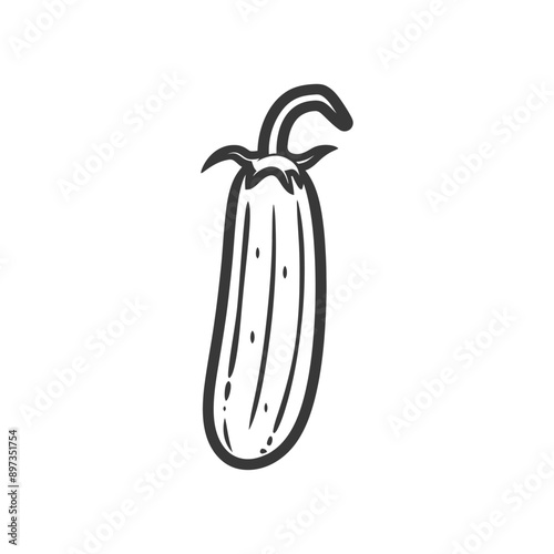 Hand Drawn Black and White Illustration of a Single Cucumber