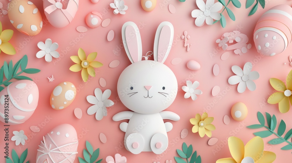 Obraz premium Adorable bunny surrounded by pastel Easter eggs in 3D paper art, celebrating Easter Day.