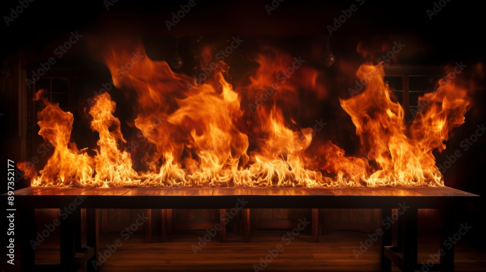Obraz premium Wooden table with fire border, sparks, smoke for product display on dark background
