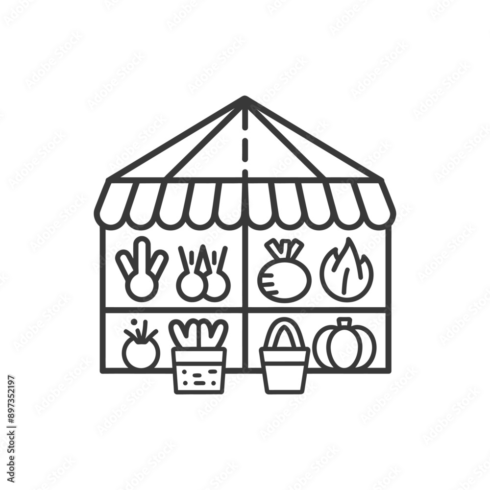 Naklejka premium A Line Drawing of a Market Stall Selling Produce
