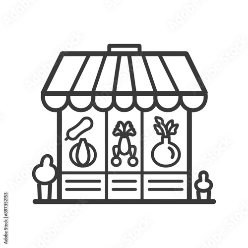 Line art illustration of a vegetable stand with a striped awning