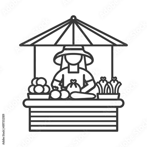 Line art illustration of a vendor selling produce under a canopy