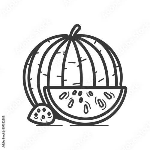 Line drawing of a whole watermelon and a slice with seeds