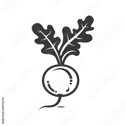 Black and White Illustration of a Single Radish with Leaves