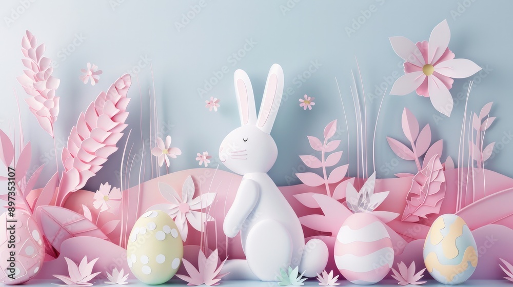 Obraz premium Bunny and Easter eggs in pastel 3D paper art, celebrating a Happy Easter Day.